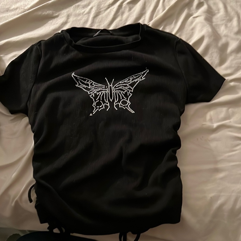 Butterfly bedazzled shirt, ruched look on sides